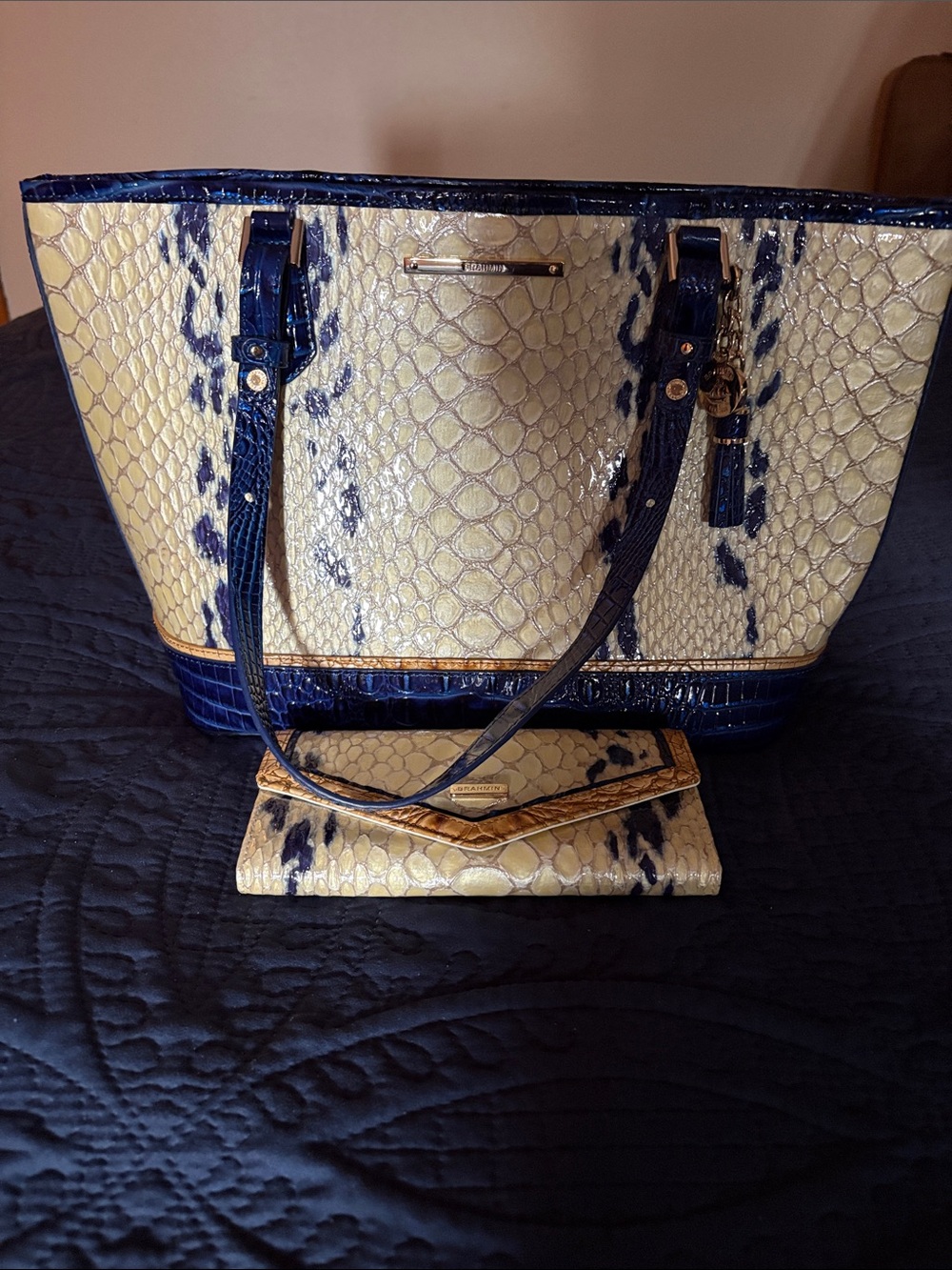 Brahmin Navy and Cream Snake-Embossed Shoulder Tote with Matching Wallet